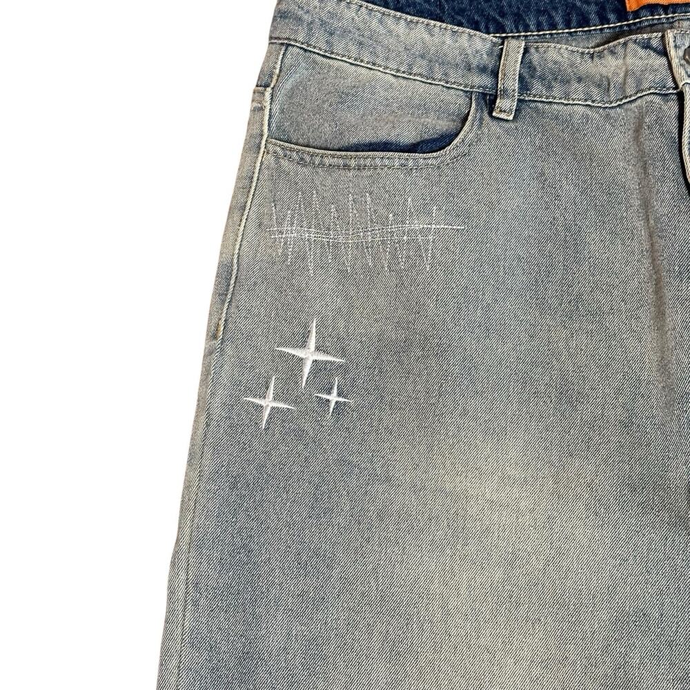 Loiter Jeans Mens 38x32 Light Wash Wide Leg Baggy Embroidered Street Wear Y2K - Picture 4 of 11